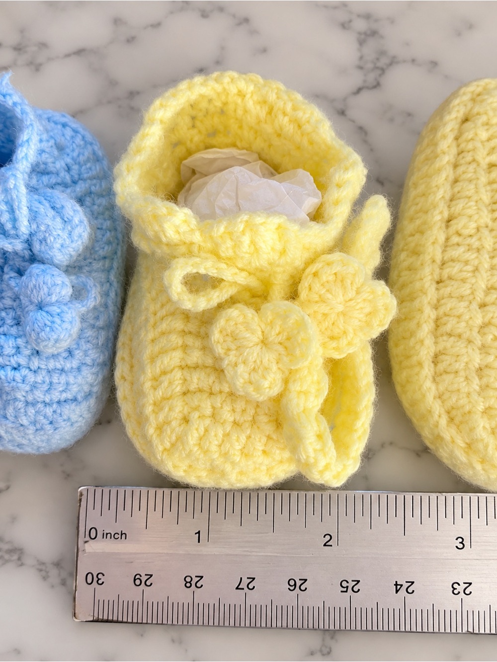 Handmade Crochet Baby Booties Blue Yellow 2 Pair Floral Bow Soft Yarn